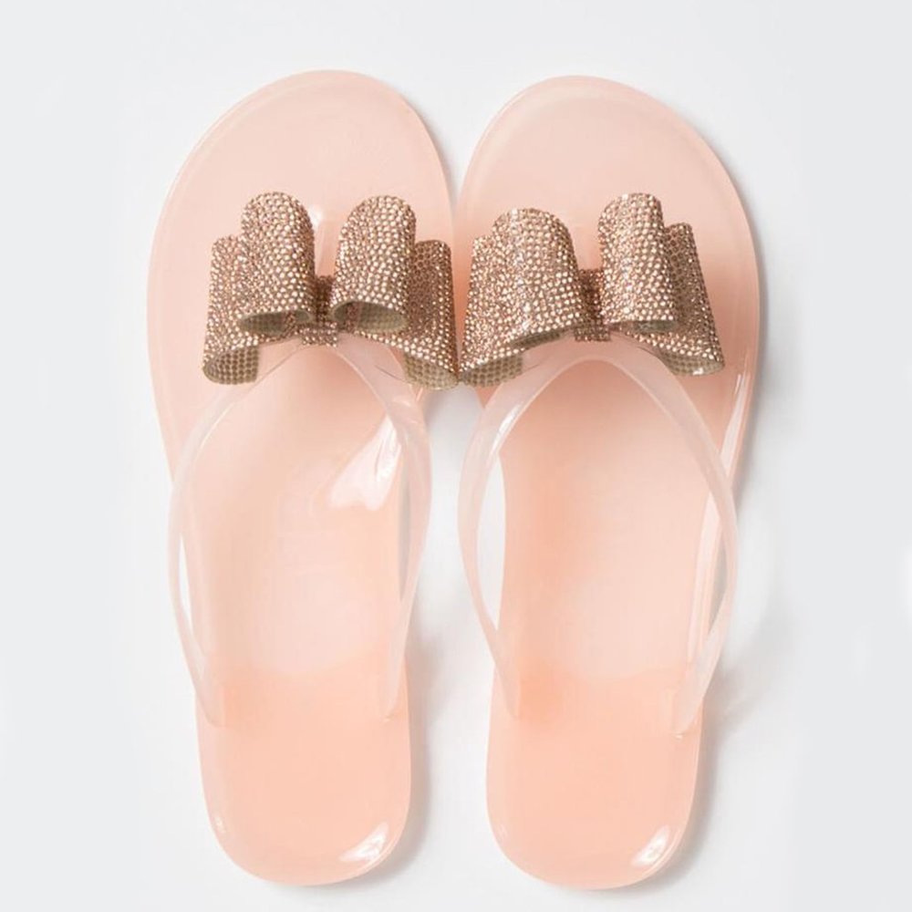 NEW🔥 Nude Thong Open Toe Diamante Rhinestone Bow Jelly Slide Sandal Flip Flops - Picture 5 of 9